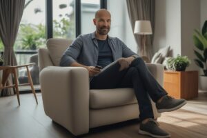 a realistic image of a 40 year old man with some hair loss.